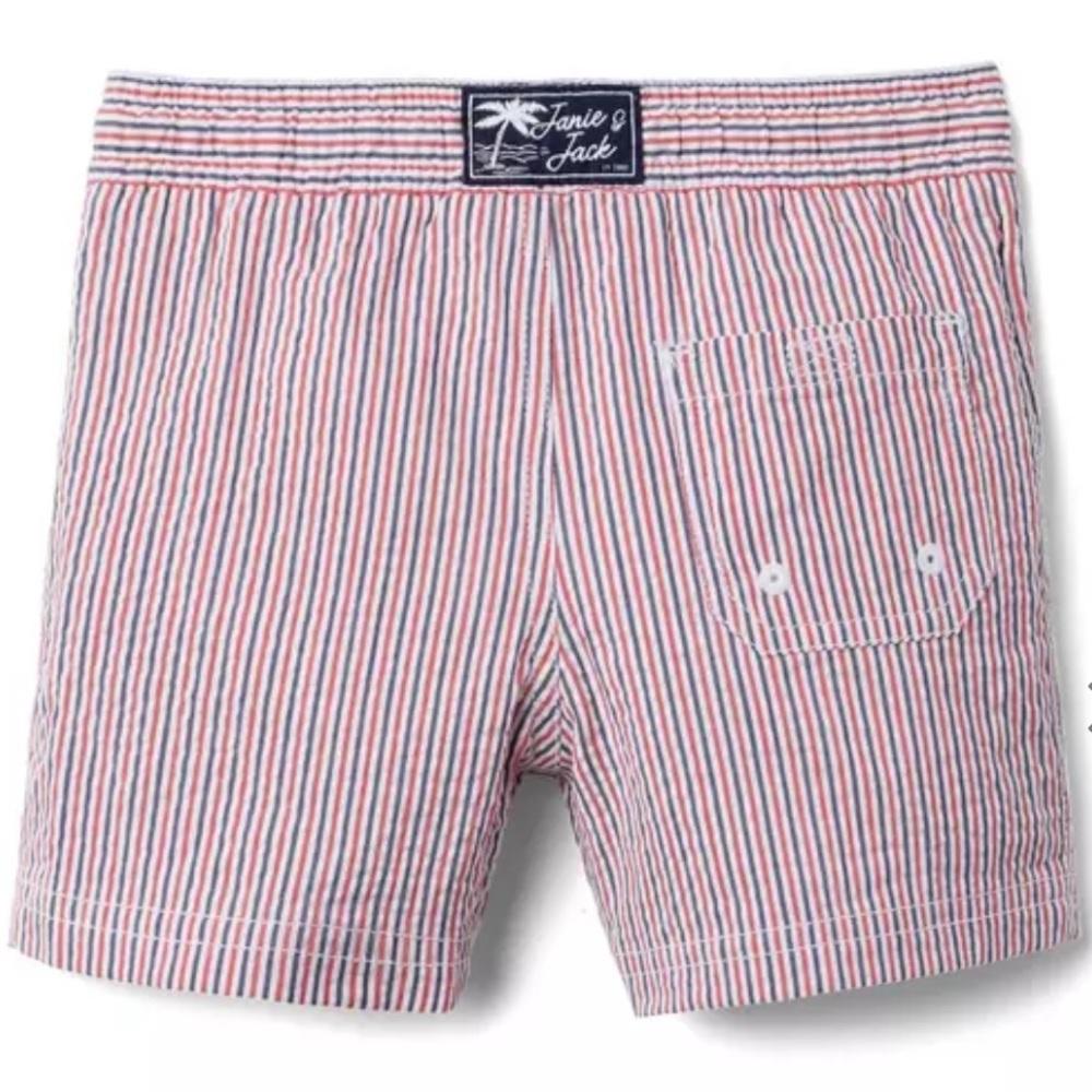 Janie and Jack Red, White and Blue Striped Seersucker Swim Trunk. Boys size 3T.